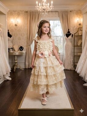 Think Pink Ivory Ruffled Lace Tiered SleevelessDress, S 7/8, NWOT